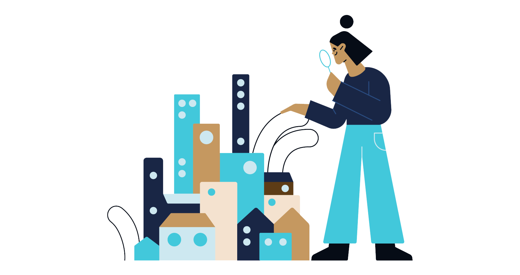 Illustration, Forscher*in mit einer Lupe über einer Stadt