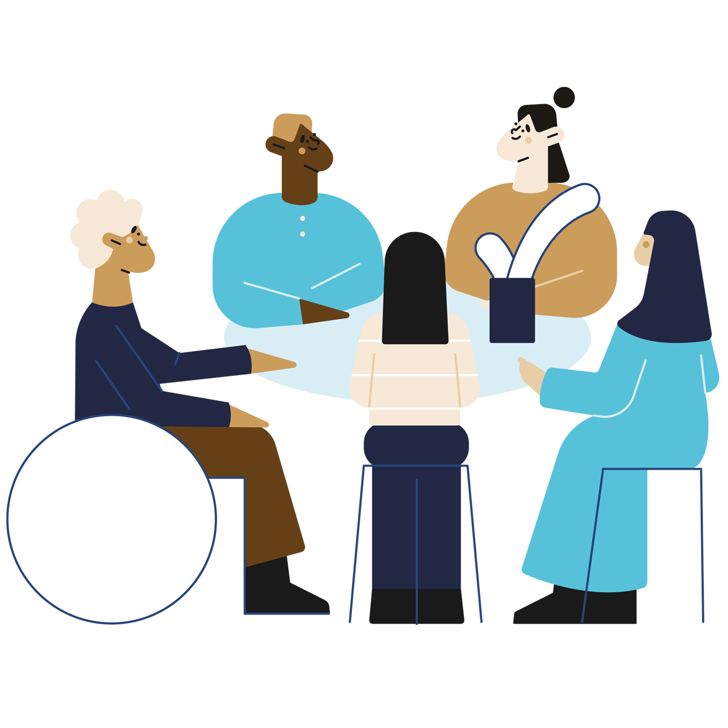 Illustration zu Praxisforschung, fünf verschiedene Menschen an einem Tisch