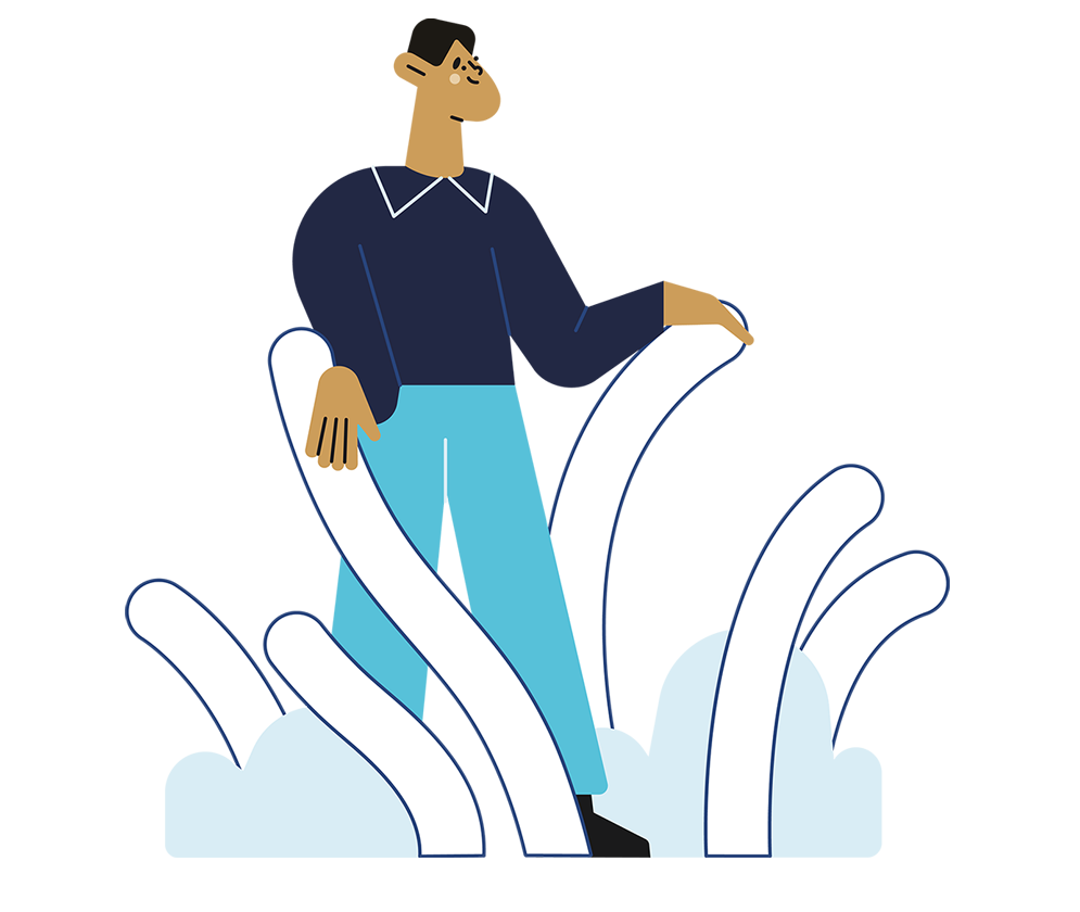 Illustration Forschung; Mann läuft durch Dschungel