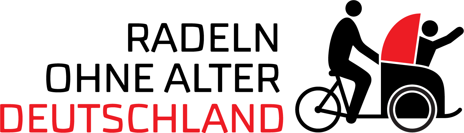 Logo Radeln ohne Alter, Schriftzug und Bild (eine Fahrradrischka mit Passagier)