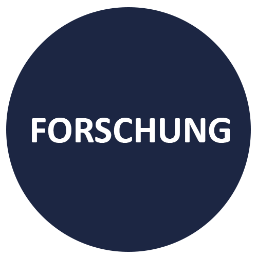 Grafikbutton Forschung, dunkelblauer Kreis mit weißem Schriftzug