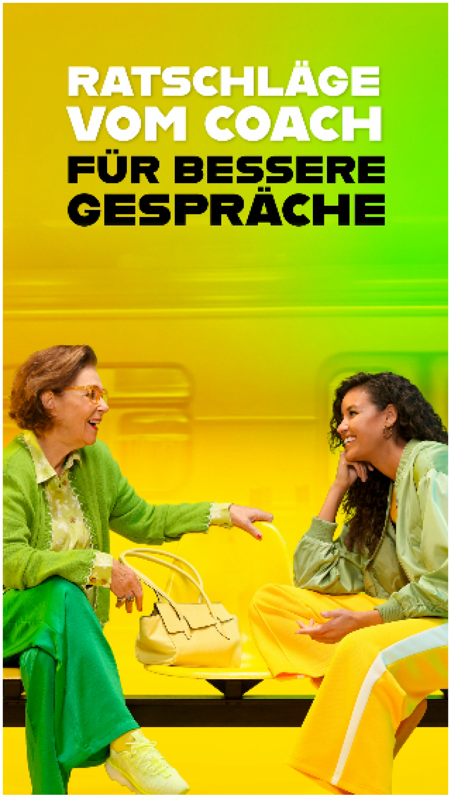 Zwei Personen unterhalten sich angeregt im Zug, darüber ein Schriftzug mit der Aufschrift "Tipps vom Coach für bessere Gespräche"