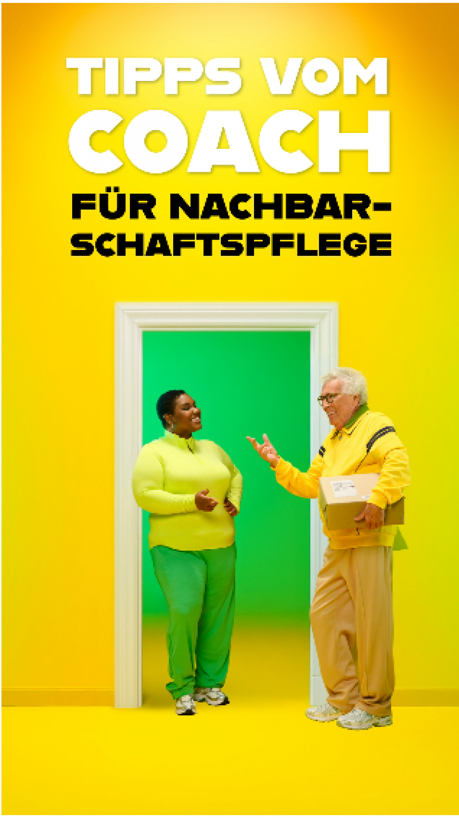 Zwei Personen stehen in der Haustür, grelle Farben, darüber der Schriftzug "Tipps vom Coach für Nachbarschaftspflege"