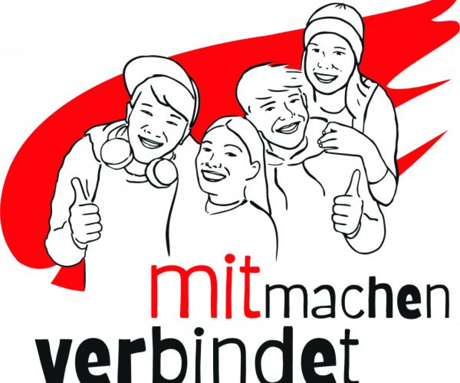 Vier gezeichnete junge Personen stehen eng zusammen und zeigen Daumen hoch. Hinter ihnen ein roter Farbstrich. Darunter steht in großer Schrift: „mitmachen verbindet“.