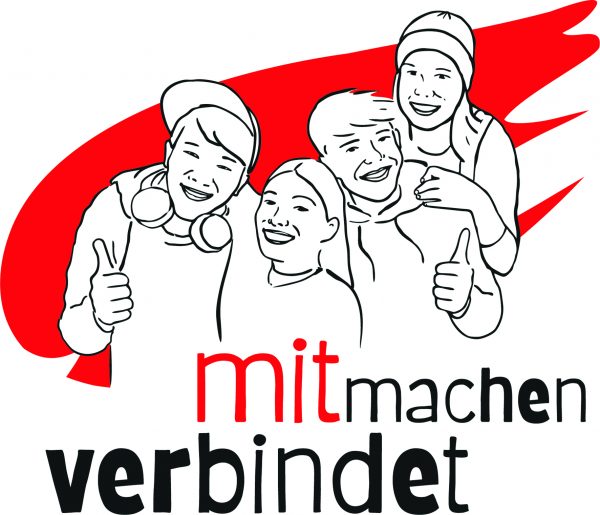 Vier gezeichnete junge Personen stehen eng zusammen und zeigen Daumen hoch. Hinter ihnen ein roter Farbstrich. Darunter steht in großer Schrift: „mitmachen verbindet“.