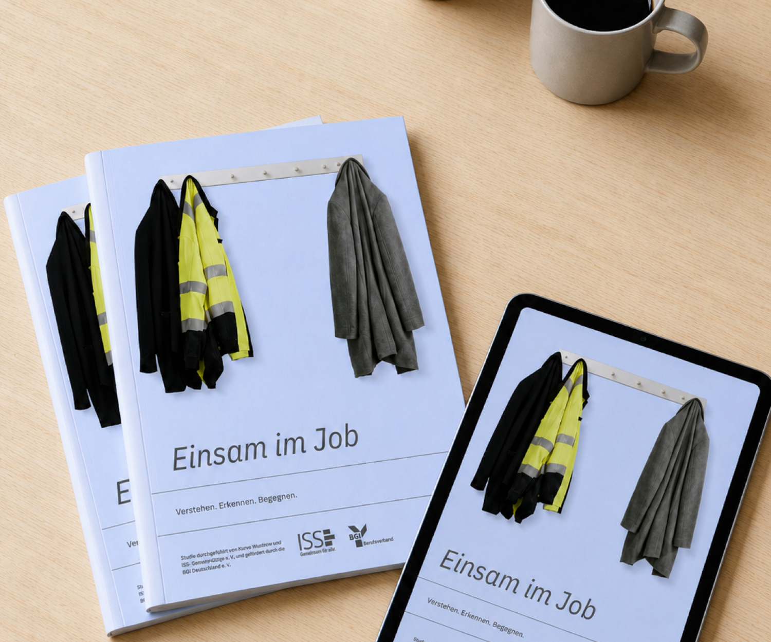 Broschüre und Tablet mit dem Titel „Einsam im Job“ liegen auf einem Holztisch, daneben eine Kaffeetasse und eine kleine Pflanze.