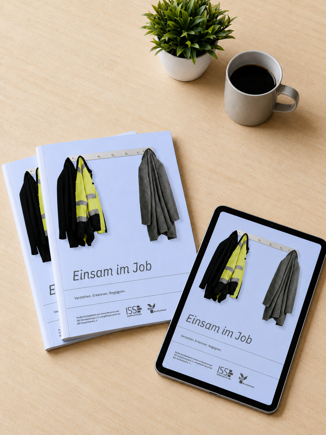 Broschüre und Tablet mit dem Titel „Einsam im Job“ liegen auf einem Holztisch, daneben eine Kaffeetasse und eine kleine Pflanze.