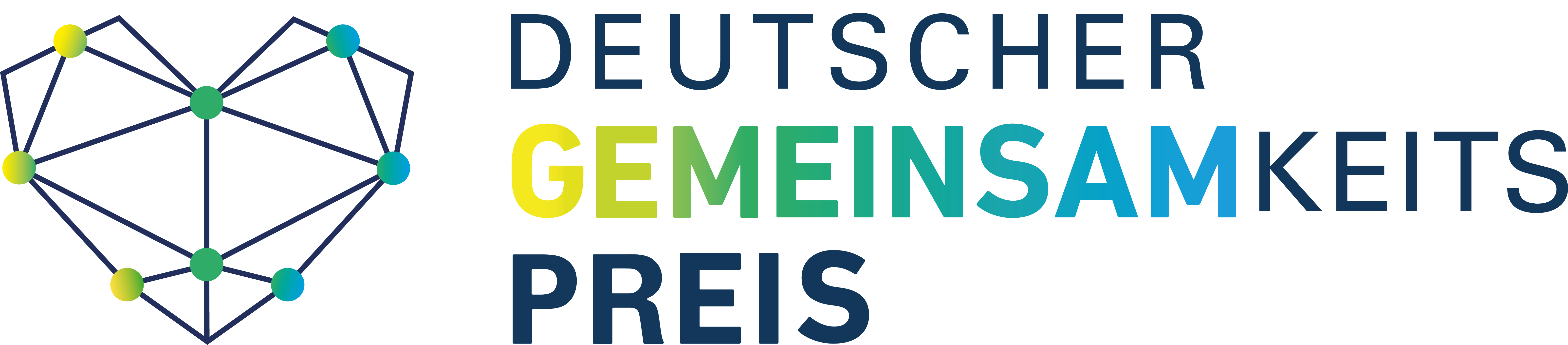 Logo des Deutschen Gemeinsamkeitspreises: ein geometrisches Herz aus farbigen Linien und Verbindungspunkten mit Farbverlauf Gelb - Grün - Blau. Das Herz symbolisiert zwischenmenschliche Beziehungen, Vernetzung und gemeinsames Handeln. Rechts daneben steht der Schriftzug ‚Deutscher Gemeinsamkeitspreis‘ in Großbuchstaben, das Wort ‚GEMEINSAM‘ ist farbig hervorgehoben.