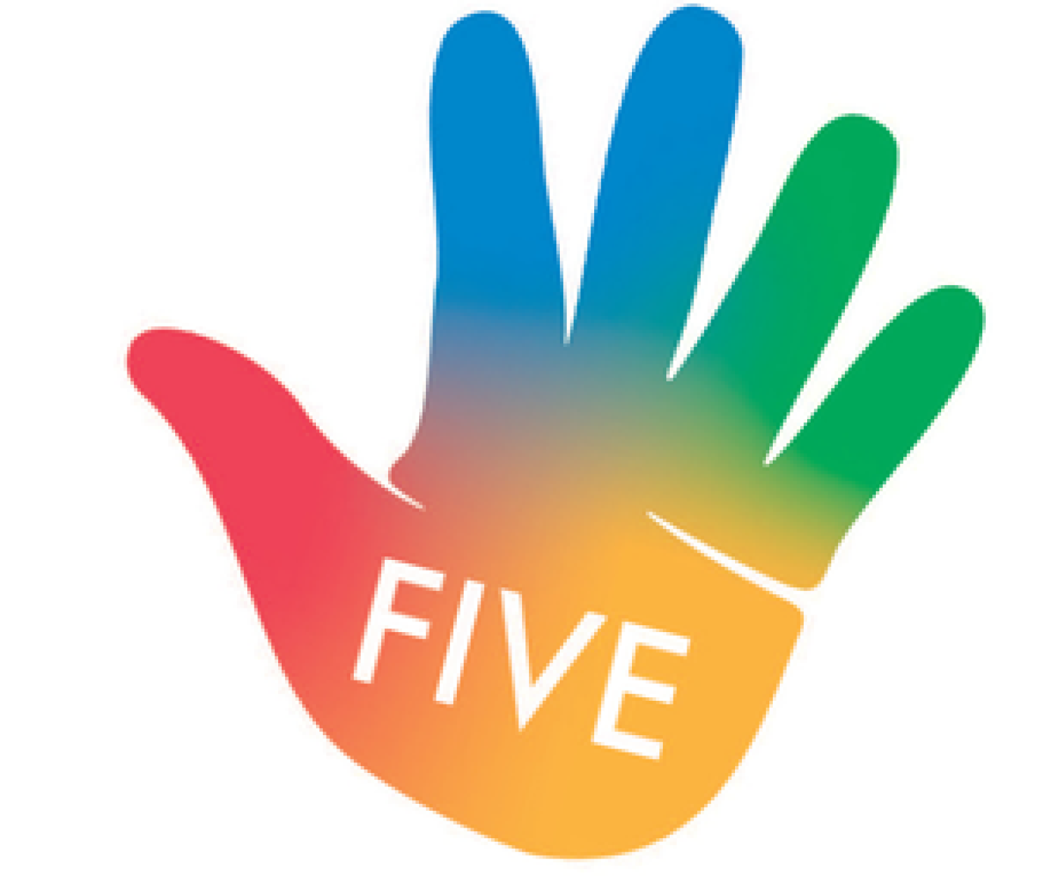 Abgebildet ist eine Hand in bunten Farben, auf der das englische "Five" steht.